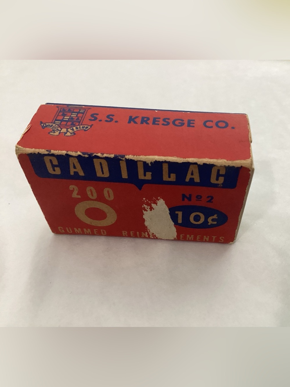 Vtg. 1950s Cadillac No. 2 brand reinforcements gummed box from S.S. Kresge Co.